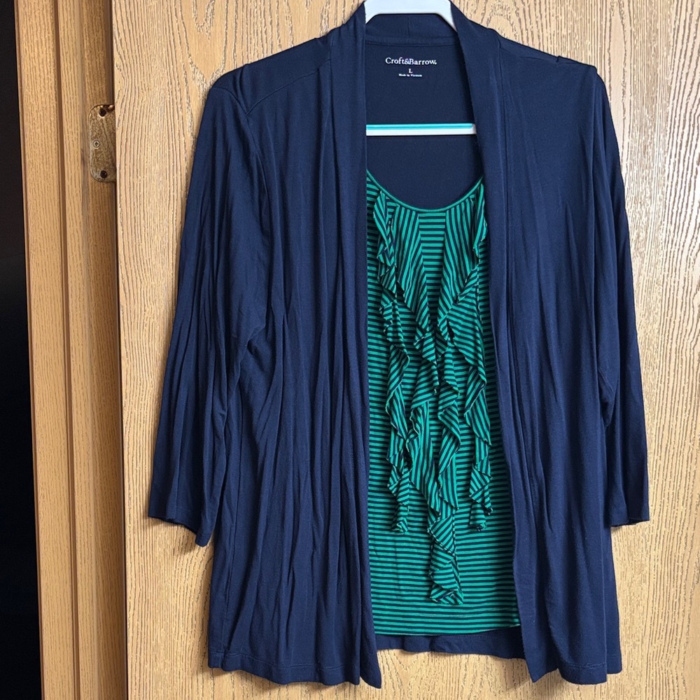 croft & barrow Women's Navy and Green Cardigan Sweater 3/4 Sleeves